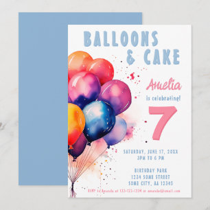 Invitation Balloons Colorés Aquarelle Enfants Fête d'annivers