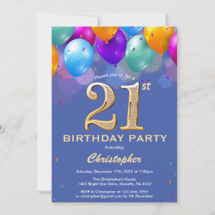 Invitation Balloons colorés bleus et or pour 21e anniversaire