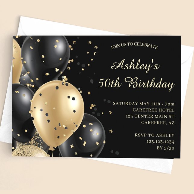 Invitation Balloons Confetti Black Gold 50e anniversaire (Créateur téléchargé)