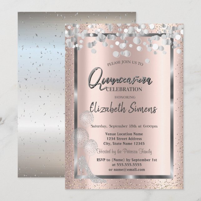 Invitation Balloons Confetti en argent Rose Gold Quinceañera (Devant / Derrière)