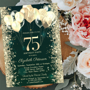 Invitation Balloons Confettis Pailletés Or Vert 75 ans Annive