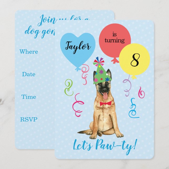 Invitation Balloons de fête d'anniversaire Malinois belge (Devant / Derrière)