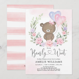 Invitation Balloons de fille rose violet ours en peluche Baby