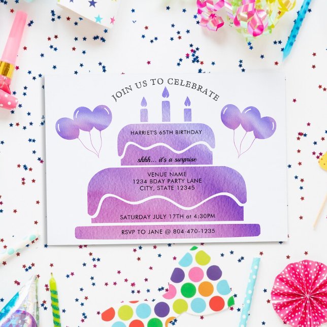 Invitation Balloons de gâteau rose violet 65e anniversaire (Pink Purple Watercolor Cake Balloons 65th Birthday Invitation)