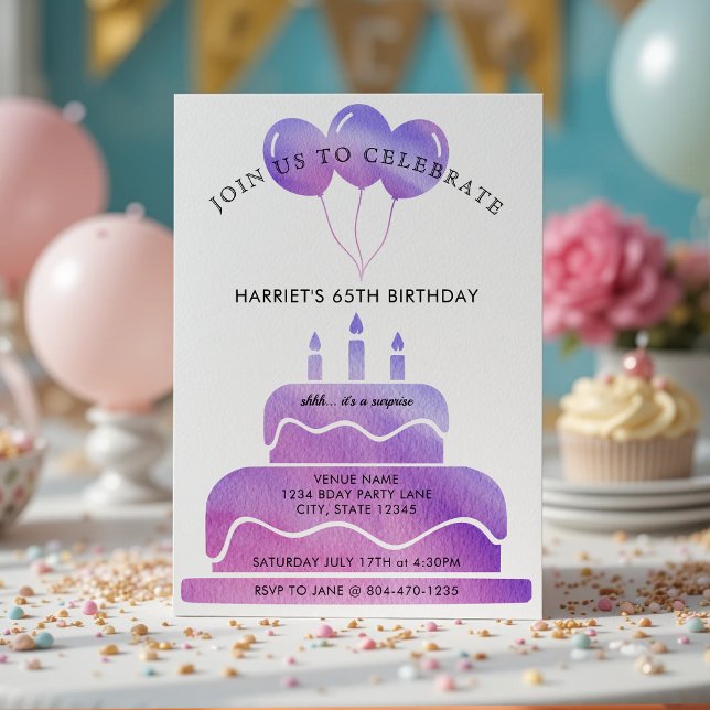 Invitation Balloons de gâteau rose violet 65e anniversaire (Créateur téléchargé)