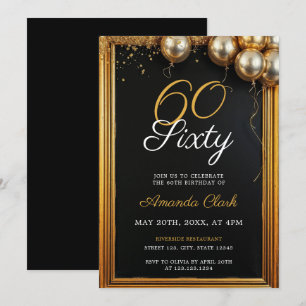 Invitation Balloons d'or Frame & Confetti 60e anniversaire