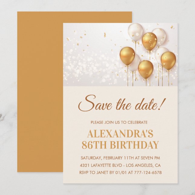 Invitation Balloons d'or moderne Enregistrer la date 86e anni (Devant / Derrière)