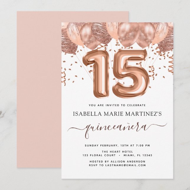 Invitation Balloons d'or rose Quinceañera (Devant / Derrière)