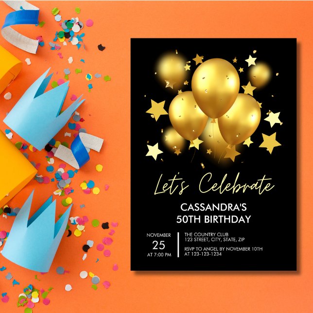 Invitation Balloons dorés étincelants Étoiles Noir Anniversai (Créateur téléchargé)