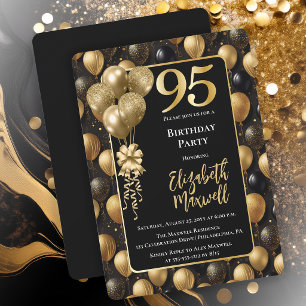 Invitation Balloons élégants noirs et dorés pour 95e annivers
