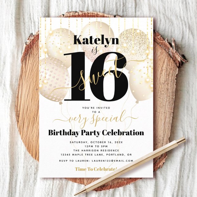 Invitation Balloons en Or Blanc pour Anniversaire 16 Ans Fill (Créateur téléchargé)