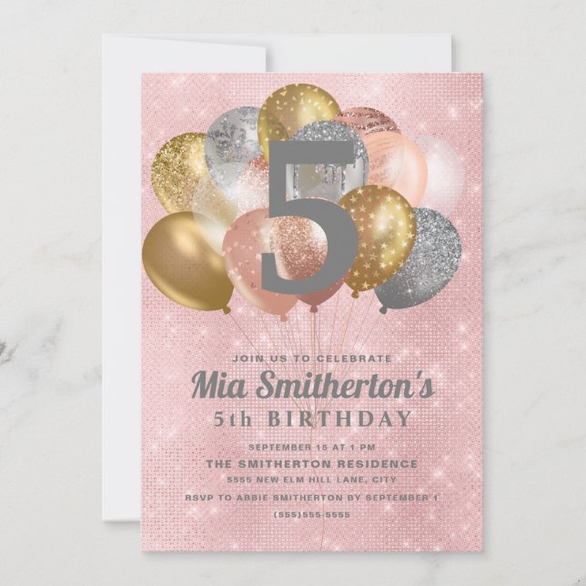 Invitation Balloons en or rose argent fille 5e anniversaire (Devant)
