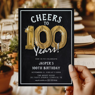 Invitation Balloons en or tableau noir rustique 100e annivers
