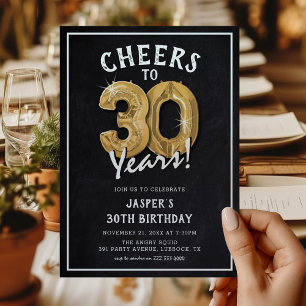 Invitation Balloons en or tableau noir rustique 30e anniversa