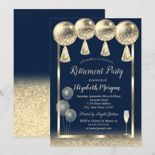 Invitation Balloons en Or Verre à Vin Paillettes Bleu Retrait
