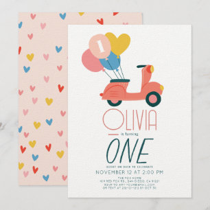 Invitation Balloons en Scooter rose Fille 1er anniversaire