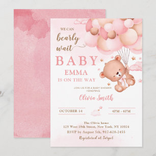 Invitation Balloons en Teddy rose Fille Baby shower