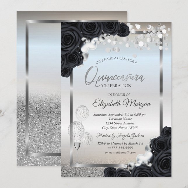 Invitation Balloons en verre de vin Rose noir Quinceañera (Devant / Derrière)