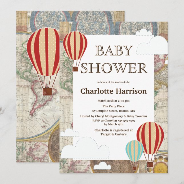 Invitation Balloons et nuages à air chaud Baby shower mondial (Devant / Derrière)