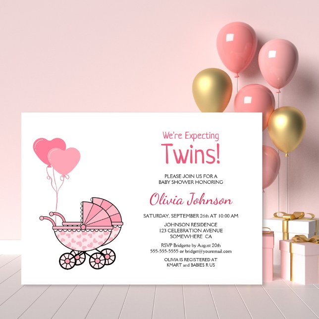 Invitation Balloons et poussette roses Baby showers jumeaux (Créateur téléchargé)