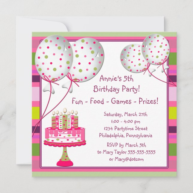 Invitation Balloons Filles de gâteau 4e fête d'anniversaire (Devant)