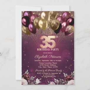 Invitation Balloons Fleurs Pailletés Bourgogne 35 ans Anniver