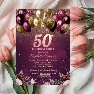 Invitation Balloons Fleurs Pailletés Bourgogne 50 ans Anniver