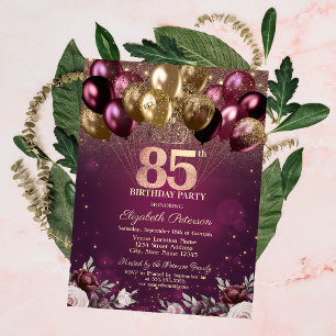 Invitation Balloons Fleurs Pailletés Bourgogne 85e Anniversai