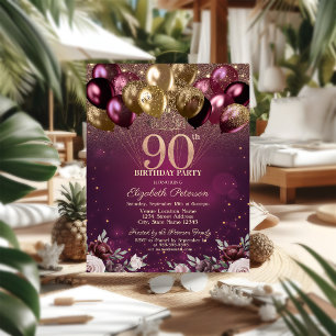 Invitation Balloons Fleurs Pailletés Bourgogne 90 ans Anniver
