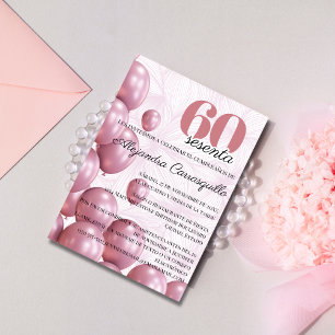 Invitation Balloons Floraux Rose Foncé Espagnol 60ème Anniver