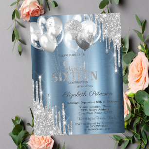 Invitation Balloons Gouttes de Paillettes Argentées Bleu Swee
