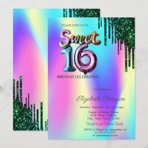 Invitation Balloons holographiques sucrés 16 avec gouttes de 