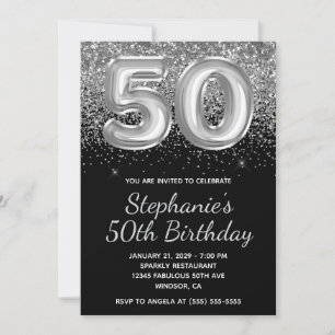 Invitation Balloons Noir Pailleté Argent Étincelant 50ème Ann