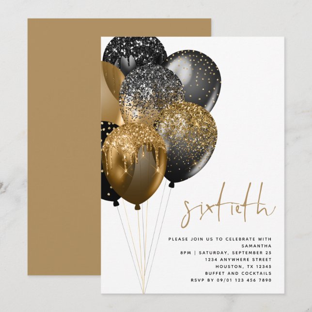 Invitation Balloons Noirs d'Or Moderne 60e anniversaire (Devant / Derrière)