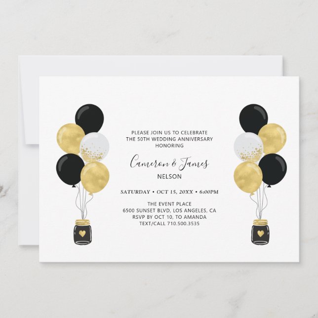 Invitation Balloons Or et Noir 50e Anniversaire de Mariage (Devant)