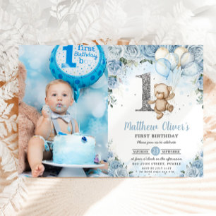 Invitation Balloons Ours Teddy Bleu Floral 1er Anniversaire P
