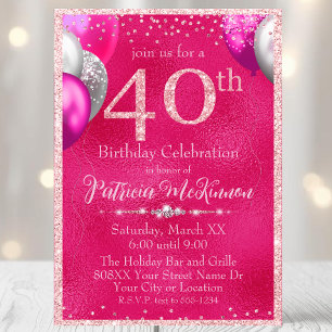 Invitation Balloons Pailletés Rose Chaud 40e Anniversaire