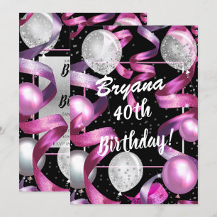 Invitation Balloons Pailletés Rose Noir Argent Anniversaire 4