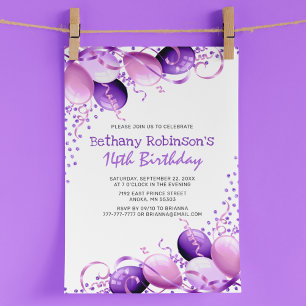 Invitation Balloons Pailletés Violets Anniversaire