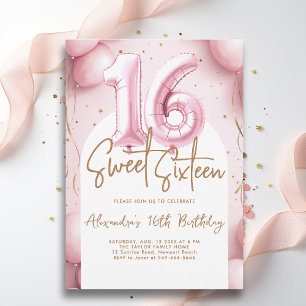 Invitation Balloons Pink Gold Arch Calligraphie Sweet 16