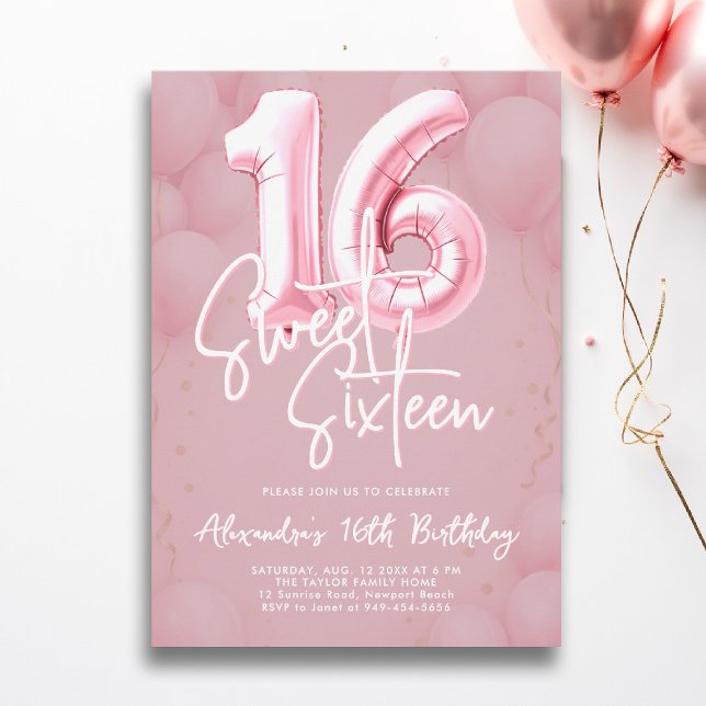 Invitation Balloons Rose Blush Moderne Calligraphie Sweet 16 (sweet sixteen invitation 16th birthday party pink blush balloons calligraphy milestone glam feminine)