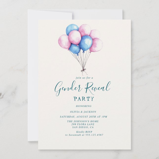 Invitation Balloons rose et bleu Fête de révélation de genre (Devant)