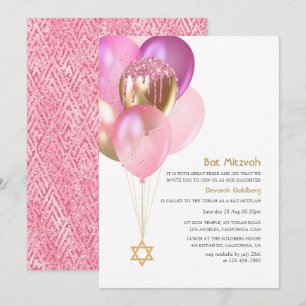 Invitation Balloons Rose et Or Pailletés Bar Mitzvah