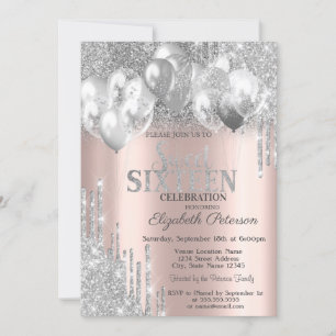 Invitation Balloons Rose Gold Gouttes de Paillettes Argentées