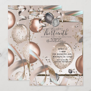 Invitation Balloons Rose Gold Rose Pailletés Fête d'Anniversa