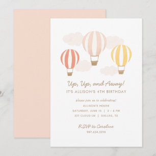 Invitation Balloons Rose Hot Air Fille Anniversaire