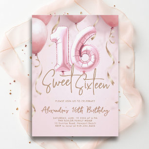 Invitation Balloons Rose Or Moderne Calligraphie Sweet 16