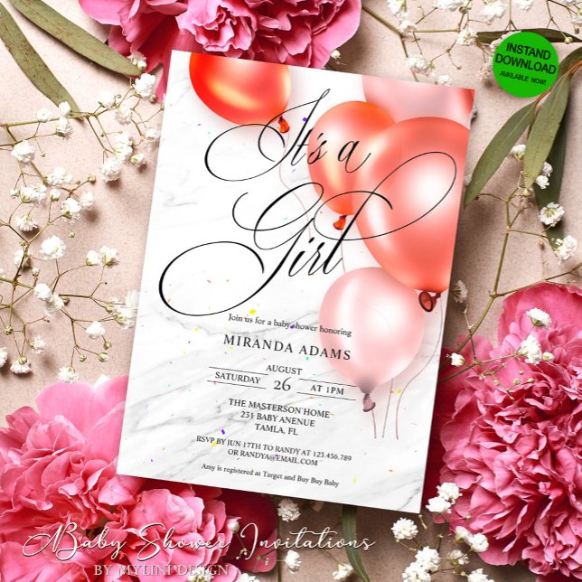 Invitation Balloons rose vif moderne Baby shower fille (Créateur téléchargé)