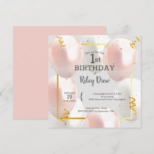 Invitation Balloons roses 1er anniversaire de fille