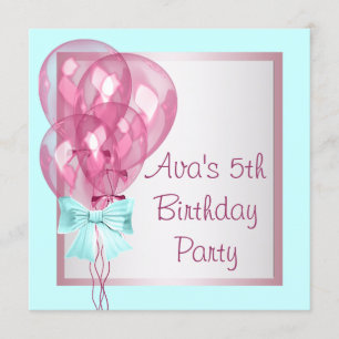 Invitation Balloons roses Fête d'anniversaire de filles bleu